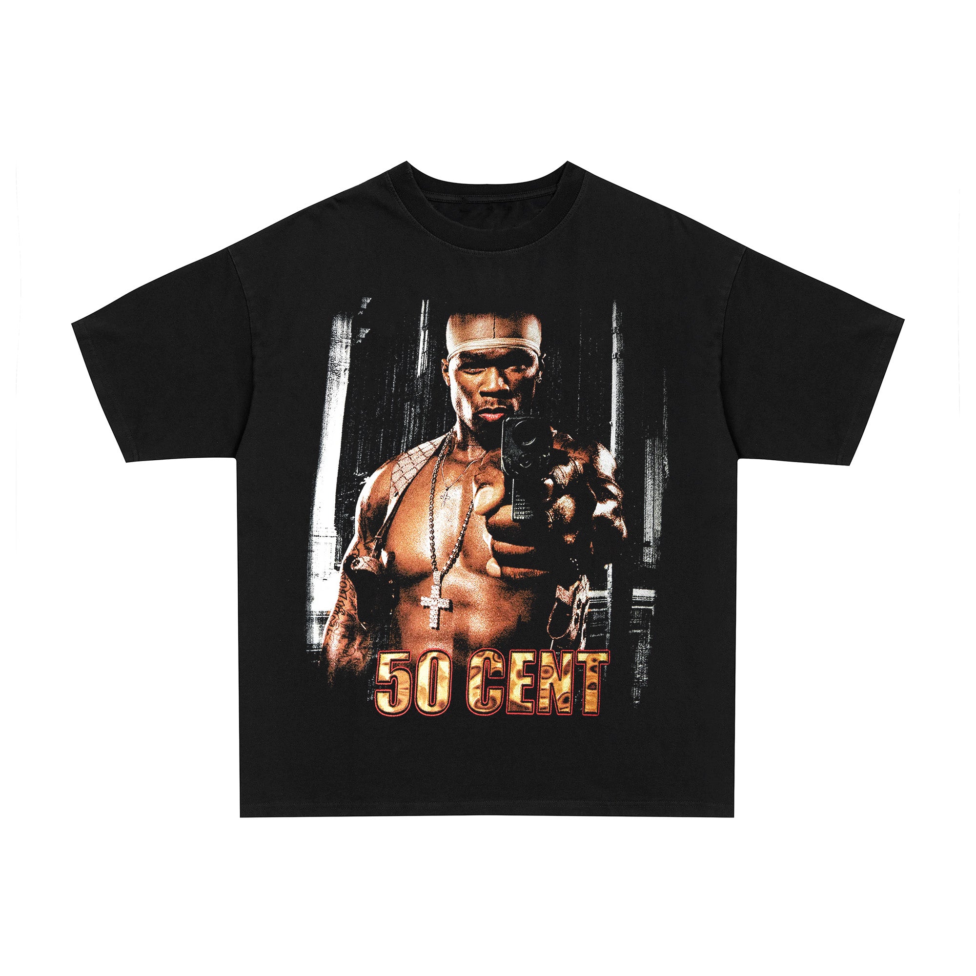 Black t-shirt with a graphic of a muscular man and '50 Cent' text on a white background50 cent bulletproof black heavyweight tee