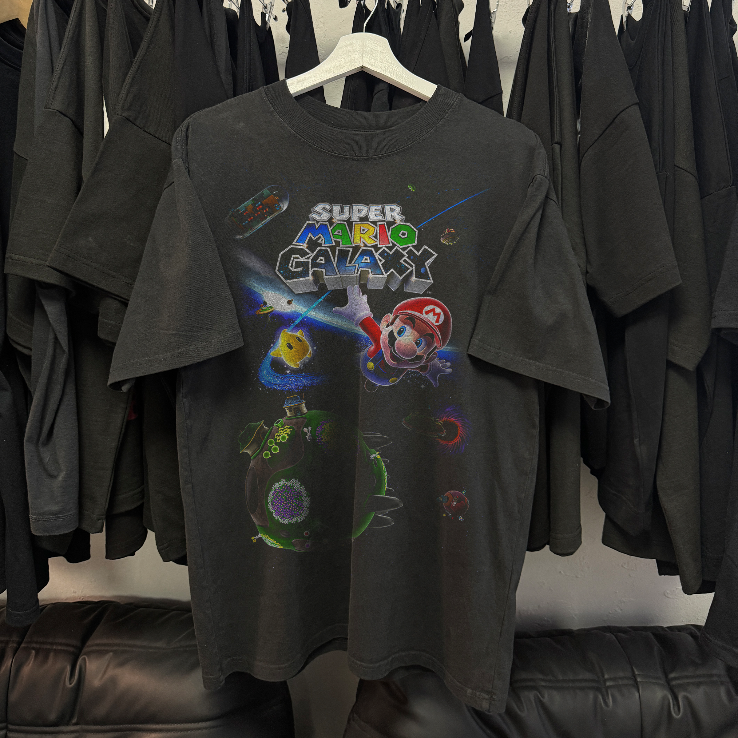 Vintage 2000s Super Mario Galaxy graphic black t-shirt, retro gaming posterboy streetwear tee